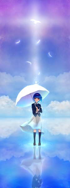 Anime picture 1500x4000 with little busters! key (studio) nishizono mio tall image looking at viewer short hair yellow eyes blue hair sky cloud (clouds) light smile tears reflection girl thighhighs dress hair ornament black thighhighs animal water