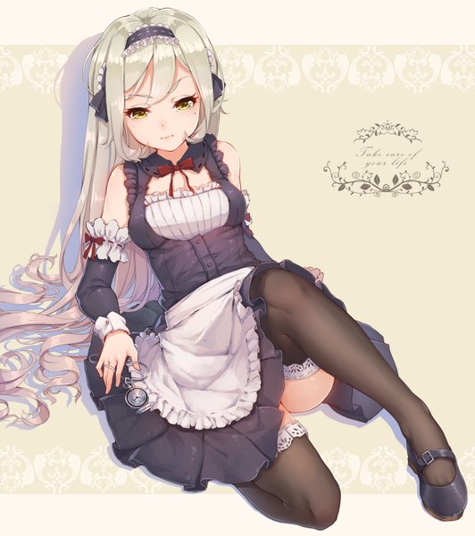 Anime picture 1360x1534 with original fangxiang cuoluan single long hair tall image yellow eyes white hair maid girl thighhighs dress black thighhighs detached sleeves frills hairband clock pocket watch
