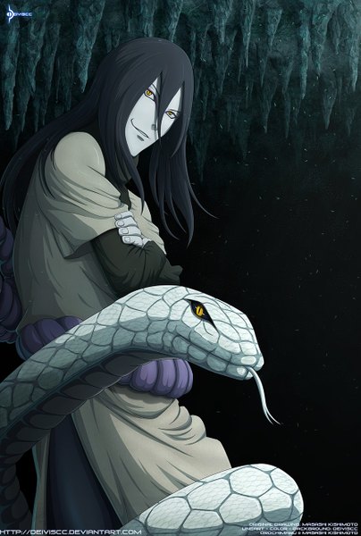 Anime picture 876x1300 with naruto studio pierrot naruto (series) orochimaru deiviscc long hair tall image black hair smile yellow eyes coloring crossed arms boy tongue cloak snake