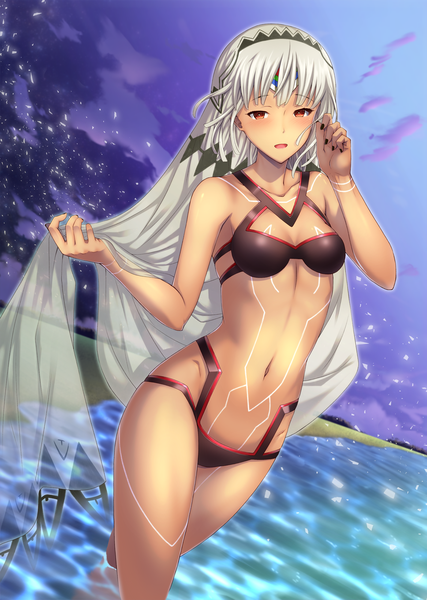 Anime picture 1424x2000 with fate (series) fate/grand order altera (fate) emanon123 single tall image looking at viewer blush fringe short hair open mouth light erotic red eyes sky cloud (clouds) white hair nail polish fingernails night dutch angle