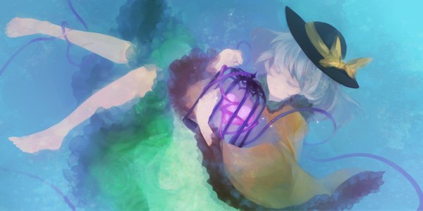 Anime picture 1600x800 with touhou komeiji koishi ann606 single short hair wide image eyes closed barefoot grey hair girl bow hat heart cage
