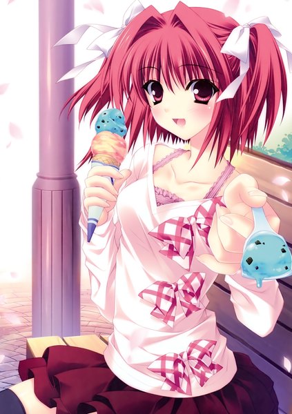 Anime picture 2117x3000 with r.g.b! shiki asahi suzuhira hiro long hair tall image blush highres open mouth red eyes red hair scan girl bow ribbon (ribbons) hair ribbon food sweets ice cream