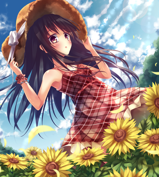 Anime picture 1000x1110 with original yasuno (airy light) single long hair tall image looking at viewer blush open mouth black hair bare shoulders brown eyes sky cloud (clouds) girl flower (flowers) hat petals bracelet feather (feathers) sundress