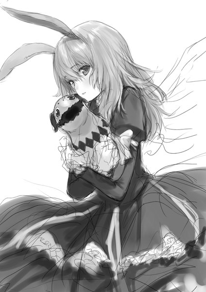 Anime picture 700x990 with tales of (series) tales of xillia elize lutus tipo (xillia) makimura shunsuke single long hair tall image looking at viewer fringe simple background white background animal ears parted lips bunny ears hug monochrome sketch girl dress