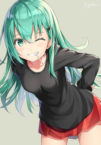 Anime picture 767x1104 with kantai collection suzuya heavy cruiser rin yuu single long hair tall image fringe simple background smile hair between eyes holding signed long sleeves pleated skirt one eye closed aqua eyes wink aqua hair grey background teeth