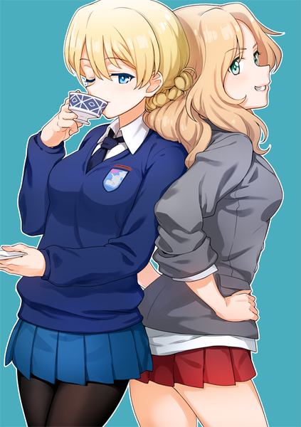 Anime picture 694x984 with girls und panzer darjeeling (girls und panzer) kay (girls und panzer) yoban long hair tall image looking at viewer blush fringe short hair breasts blue eyes simple background blonde hair smile hair between eyes multiple girls holding green eyes payot