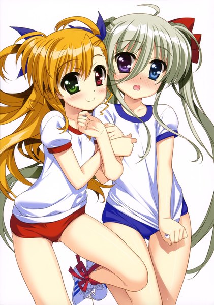 Anime picture 2875x4099 with mahou shoujo lyrical nanoha takamachi vivio einhart stratos fujima takuya long hair tall image looking at viewer blush highres open mouth blonde hair smile white background twintails multiple girls white hair scan loli two side up heterochromia