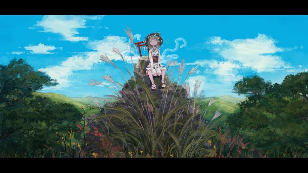 Anime picture 1200x675 with touhou moriya suwako mishaguji yushika single fringe short hair blonde hair smile wide image sitting sky cloud (clouds) full body eyes closed traditional clothes japanese clothes happy letterboxed girl