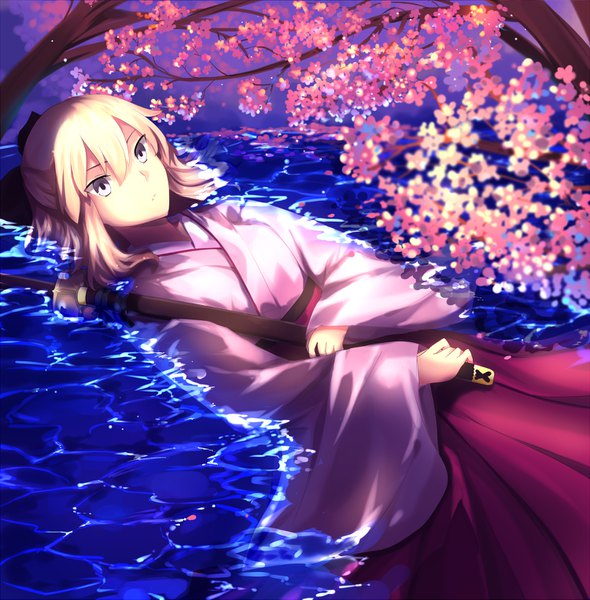 Anime picture 1500x1525 with fate (series) fate/grand order koha-ace okita souji (fate) (all) okita souji (koha-ace) sonene single tall image fringe short hair breasts blonde hair hair between eyes payot looking away upper body lying traditional clothes japanese clothes night