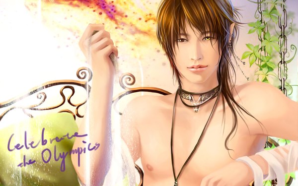 Anime picture 1680x1050 with ginger-j single short hair brown hair wide image brown eyes yellow eyes pointy ears wallpaper heterochromia topless boy earrings leaf (leaves) chain bandage (bandages) necklace