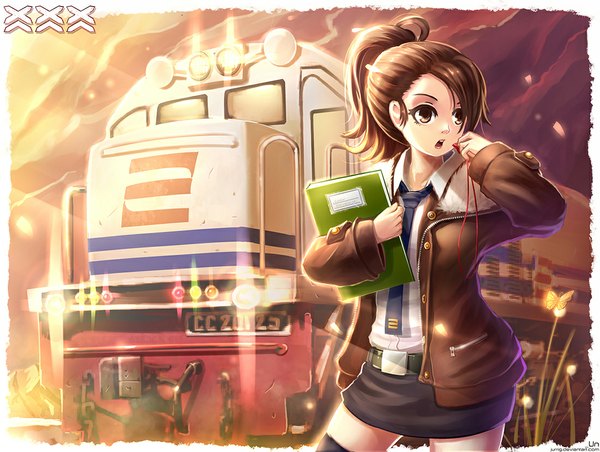 Anime picture 1100x829 with original jurrig single short hair open mouth brown hair brown eyes looking away girl skirt necktie jacket insect butterfly train