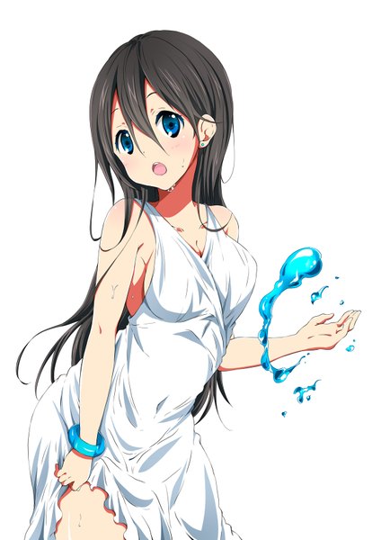 Anime picture 1200x1697 with original ragho no erika single long hair tall image looking at viewer blush open mouth blue eyes black hair simple background white background bare shoulders wet girl dress bracelet white dress sundress