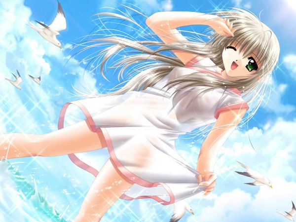 Anime picture 1024x768 with my fair angel (game) maive (my fair angel) single long hair looking at viewer fringe open mouth hair between eyes standing green eyes payot game cg sky silver hair cloud (clouds) one eye closed arm up wind sunlight short sleeves