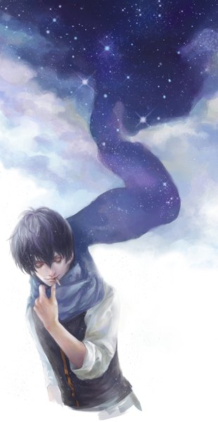 Anime picture 1816x3508 with gintama sunrise (studio) hijikata toshiro fin (pixiv) single tall image highres short hair black hair sky cloud (clouds) eyes closed realistic smoking twisty sleeves boy uniform scarf star (stars) cigarette