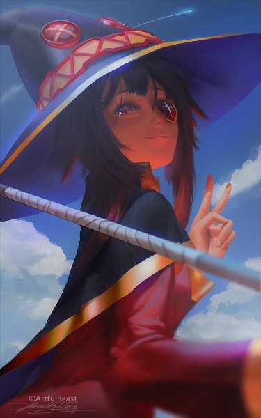 Anime picture 1500x2400 with kono subarashii sekai ni shukufuku wo! studio deen megumin paul nong single tall image looking at viewer short hair smile red eyes brown hair signed payot sky cloud (clouds) upper body looking back blurry depth of field victory
