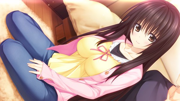 Anime picture 1280x720 with pretty x cation hibiki works yakuouji komachi long hair looking at viewer blush black hair smile brown hair wide image sitting game cg girl boy bed jeans blue jeans
