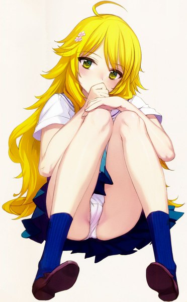 Anime picture 1277x2060 with idolmaster hoshii miki oyari ashito single long hair tall image blush light erotic blonde hair sitting green eyes yellow eyes pleated skirt hair flower pantyshot sitting leg hug girl uniform hair ornament underwear