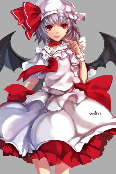 Anime picture 1417x2125 with touhou remilia scarlet swd3e2 single tall image looking at viewer short hair open mouth simple background red eyes silver hair grey background teeth fang (fangs) girl dress bow wings frills bonnet