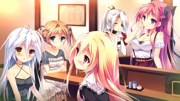 Anime picture 1500x844 with kanojo ga ore ni kureta mono. ore ga kanojo ni ageru mono. nabekane tsubasa kojima arisu carrot lu angora kojima neneko long hair blush open mouth blue eyes blonde hair brown hair wide image standing sitting twintails purple eyes game cg silver hair pink eyes orange eyes