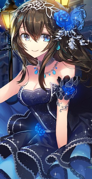 Anime picture 463x900 with idolmaster idolmaster cinderella girls idolmaster cinderella girls starlight stage sagisawa fumika apple caramel single long hair tall image looking at viewer fringe blue eyes smile hair between eyes brown hair bare shoulders hair flower wind sparkle light silent banquet