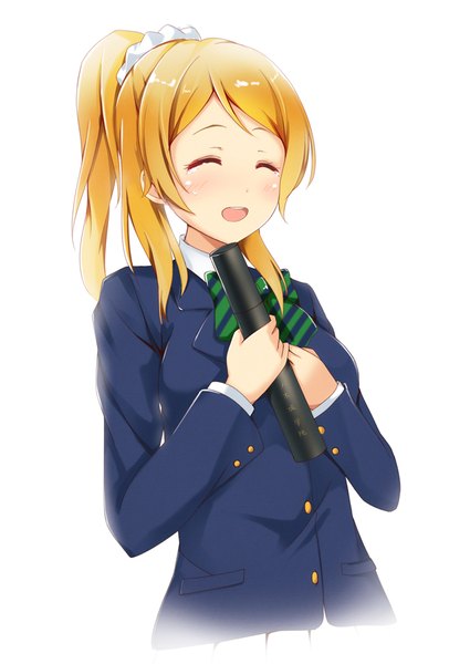 Anime picture 638x900 with love live! school idol project sunrise (studio) love live! ayase eli ok-ray single tall image blush short hair open mouth simple background blonde hair smile white background holding ponytail eyes closed graduation girl uniform