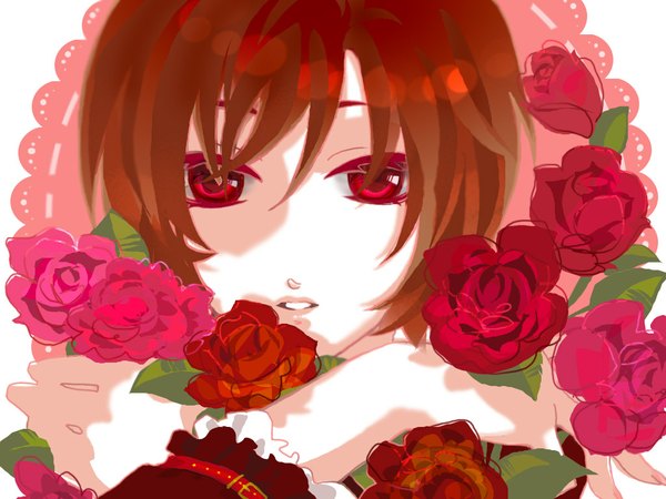 Anime picture 1024x768 with vocaloid meiko caracoro single short hair red eyes brown hair girl flower (flowers) rose (roses)