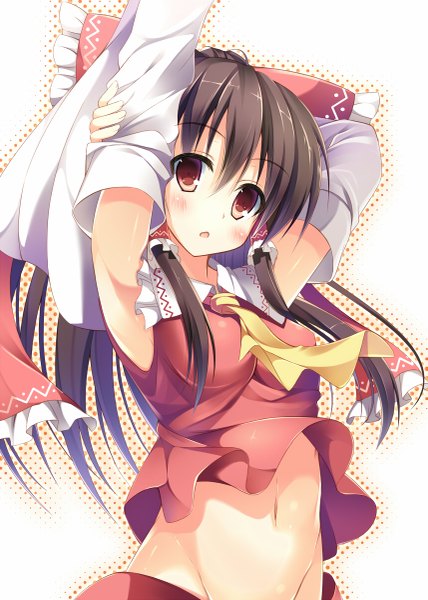 Anime picture 857x1200 with touhou hakurei reimu nozomi tsubame single long hair tall image looking at viewer blush brown hair white background brown eyes traditional clothes arms up bare belly :o armpit (armpits) midriff miko girl navel