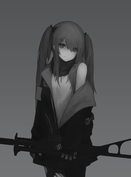 Anime picture 1054x1417 with girls frontline ump9 (girls frontline) gyup91 single long hair tall image fringe simple background smile hair between eyes standing twintails bare shoulders head tilt off shoulder grey background open jacket monochrome scar torn pantyhose