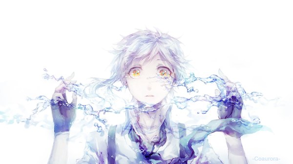 Anime picture 1920x1080 with bungou stray dogs studio bones nakajima atsushi coaurora single highres short hair simple background wide image white background yellow eyes silver hair white hair arms up surprised asymmetrical hair boy gloves shirt water