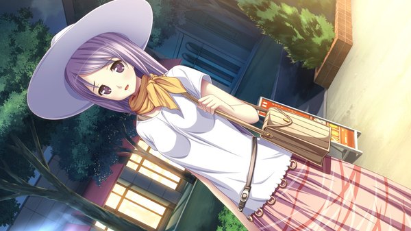 Anime picture 1280x720 with hatsukoi sacrament yazaki hoshimi single long hair wide image purple eyes game cg purple hair girl hat