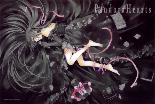 Anime picture 3041x2052 with pandora hearts xebec alice (pandora hearts) single highres black hair red eyes scan dark background lolita fashion goth-loli gothic girl dress gloves bow ribbon (ribbons) black dress book (books) toy