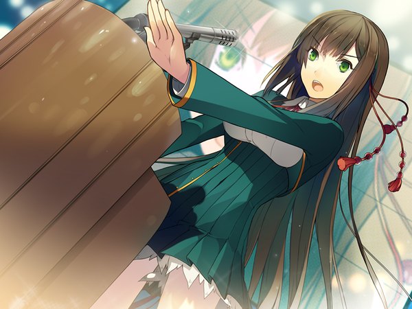 Anime picture 1024x768 with koi to senkyo to chocolate shinonome satsuki akinashi yuu long hair open mouth black hair green eyes game cg girl serafuku microphone