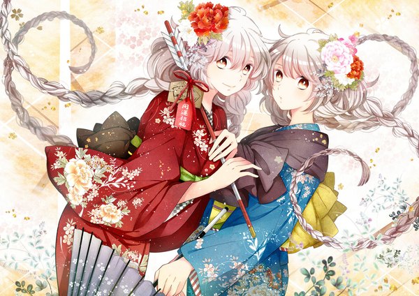 Anime picture 1092x772 with original kanasuke long hair looking at viewer blush fringe smile standing multiple girls braid (braids) traditional clothes japanese clothes hair flower grey hair twin braids floral print new year shiny girl hair ornament