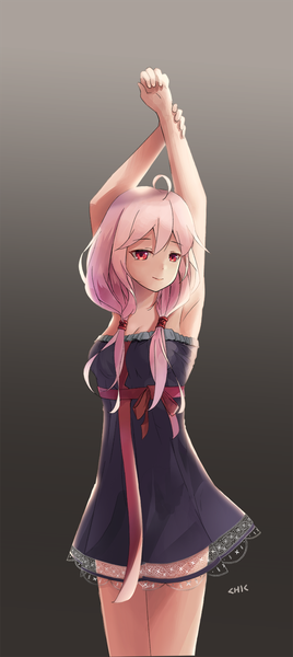 Anime picture 672x1500 with guilty crown production i.g yuzuriha inori chic (5666111) single long hair tall image looking at viewer fringe simple background smile hair between eyes red eyes standing twintails signed pink hair ahoge arm up arms up
