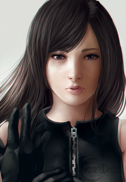 Anime picture 692x1000 with final fantasy final fantasy vii square enix tifa lockhart rinrindaishi single long hair tall image looking at viewer black hair simple background purple eyes lips grey background girl clothes