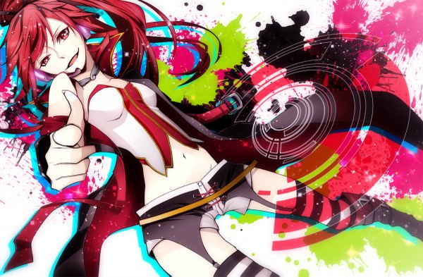 Anime picture 1200x787 with vocaloid cul arikoshi single long hair open mouth smile red eyes bare shoulders ponytail red hair off shoulder pointing girl thighhighs navel choker shorts belt headphones