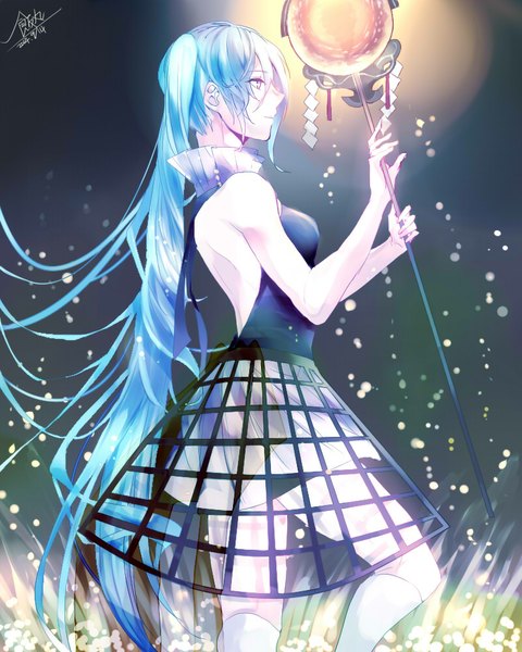 Anime picture 800x1000 with vocaloid hatsune miku meshimaru single tall image fringe standing twintails blue hair looking away very long hair profile glow girl plant (plants) socks white socks grass knee socks staff