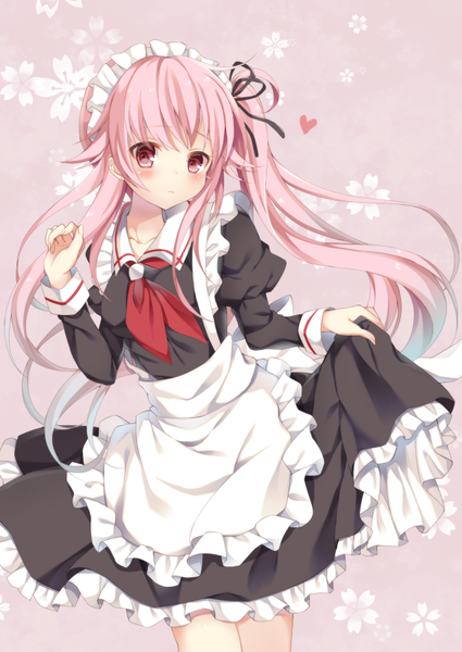 Anime picture 637x900 with kantai collection harusame destroyer sugisaki yuu single long hair tall image looking at viewer blush simple background standing blue hair pink hair ahoge pink eyes multicolored hair maid side ponytail gradient hair pink background floral background
