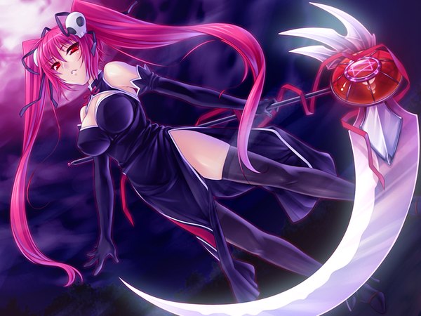 Anime picture 1200x900 with breasts light erotic red eyes twintails pink hair game cg girl thighhighs weapon skull