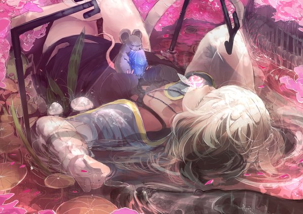 Anime picture 1471x1042 with touhou nazrin omo (utakatadice) single short hair animal ears tail lying eyes closed animal tail grey hair crossed legs mouse ears mouse tail mouse girl ophelia's pose girl dress flower (flowers) animal