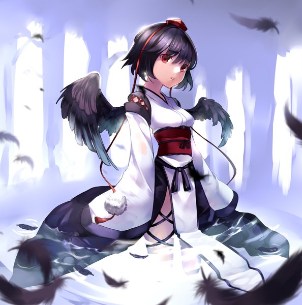 Anime picture 800x808 with touhou shameimaru aya settyaro single tall image looking at viewer fringe short hair black hair red eyes standing long sleeves traditional clothes parted lips japanese clothes wide sleeves bare legs partially submerged official alternate costume black wings