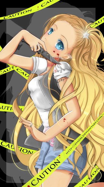 Anime picture 881x1575 with original ayasal single long hair tall image blue eyes blonde hair girl hair ornament earrings shorts hairclip short shorts blood star (stars) ring knife star hair ornament caution tape