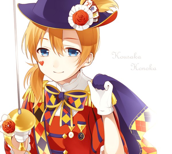 Anime picture 1400x1252 with love live! school idol project sunrise (studio) love live! kousaka honoka chisumi single looking at viewer fringe short hair blue eyes simple background smile hair between eyes white background from above orange hair character names facial mark side ponytail alternate hairstyle