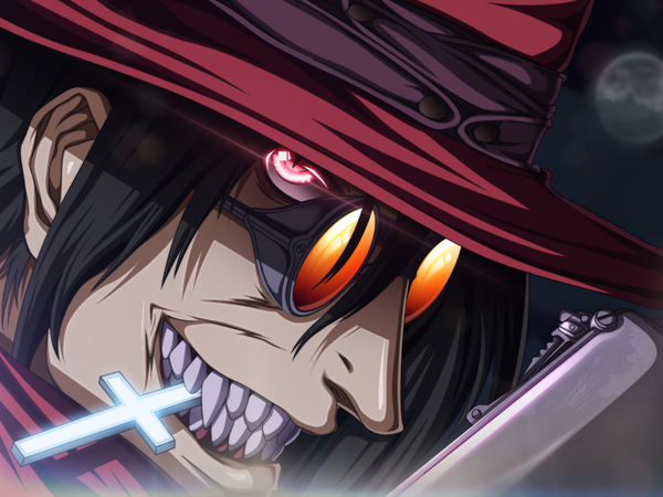 Anime picture 1024x768 with hellsing alucard (hellsing) the-danstyle-art single long hair black hair smile holding cloud (clouds) pink eyes night night sky grin coloring mouth hold close-up face boy hat glasses