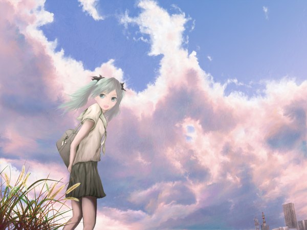 Anime picture 1600x1200 with vocaloid hatsune miku chaostarou (artist) single long hair open mouth blue eyes twintails blue hair sky cloud (clouds) city happy cityscape pale skin scenic surprised girl skirt ribbon (ribbons)