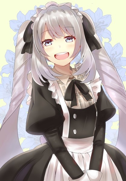 Anime picture 1230x1763 with fate (series) fate/grand order marie antoinette (fate/grand order) shiime single long hair tall image looking at viewer blush fringe open mouth blue eyes simple background twintails payot grey hair teeth maid puffy sleeves happy