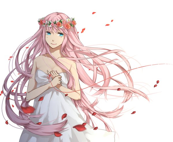 Anime picture 1380x1138 with vocaloid just be friends (vocaloid) megurine luka tunapon01 single long hair blue eyes simple background smile white background pink hair crying girl petals sundress thread red thread