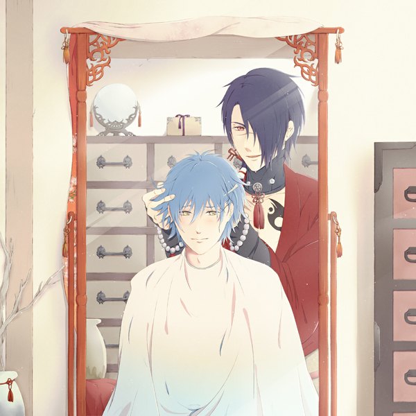 Anime picture 1000x1000 with dramatical murder nitro+chiral aoba (dmmd) koujaku tagme (artist) blush fringe short hair black hair red eyes yellow eyes blue hair traditional clothes hair over one eye multiple boys tattoo reflection scar boy bracelet