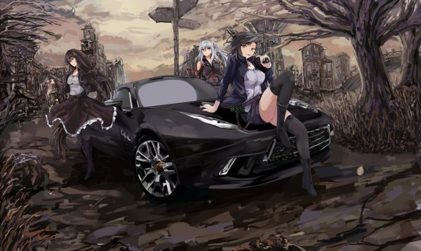 Anime picture 1400x836 with original white crow long hair looking at viewer fringe short hair breasts black hair smile red eyes wide image standing sitting bare shoulders multiple girls brown eyes looking away silver hair bent knee (knees) very long hair