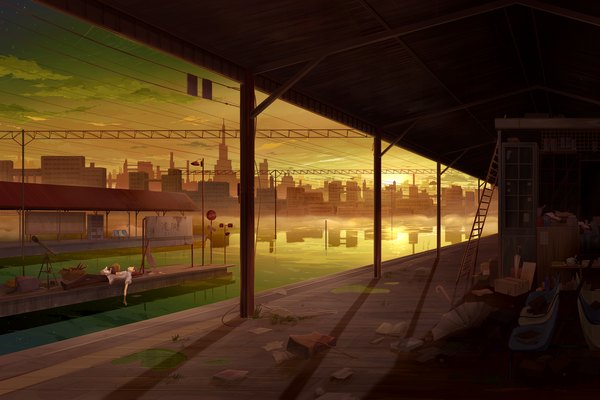 Anime picture 2700x1800 with original juuyonkou highres brown hair lying city evening reflection sunset cityscape scenic fog boy water book (books) building (buildings) umbrella bag wire (wires) paper